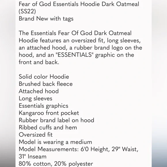 BRAND NEW Fear of God Essentials Dark Oatmeal Hoodie Sweatshirt XS XSmall - Picture 15 of 15
